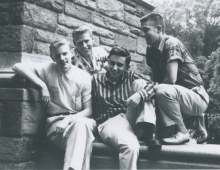 Charles and Bill in 1956 sitting in the Cloisters with Don Potter ’60 popping his head in between them. Observing the trio is Ted Huber ’60, one of the Chit Chatters. 